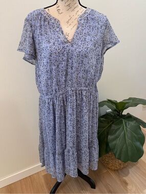 Lane‎ Bryant Floral Dress Size 18 Blue Short Sleeve Tiered Boho Flowy Plus